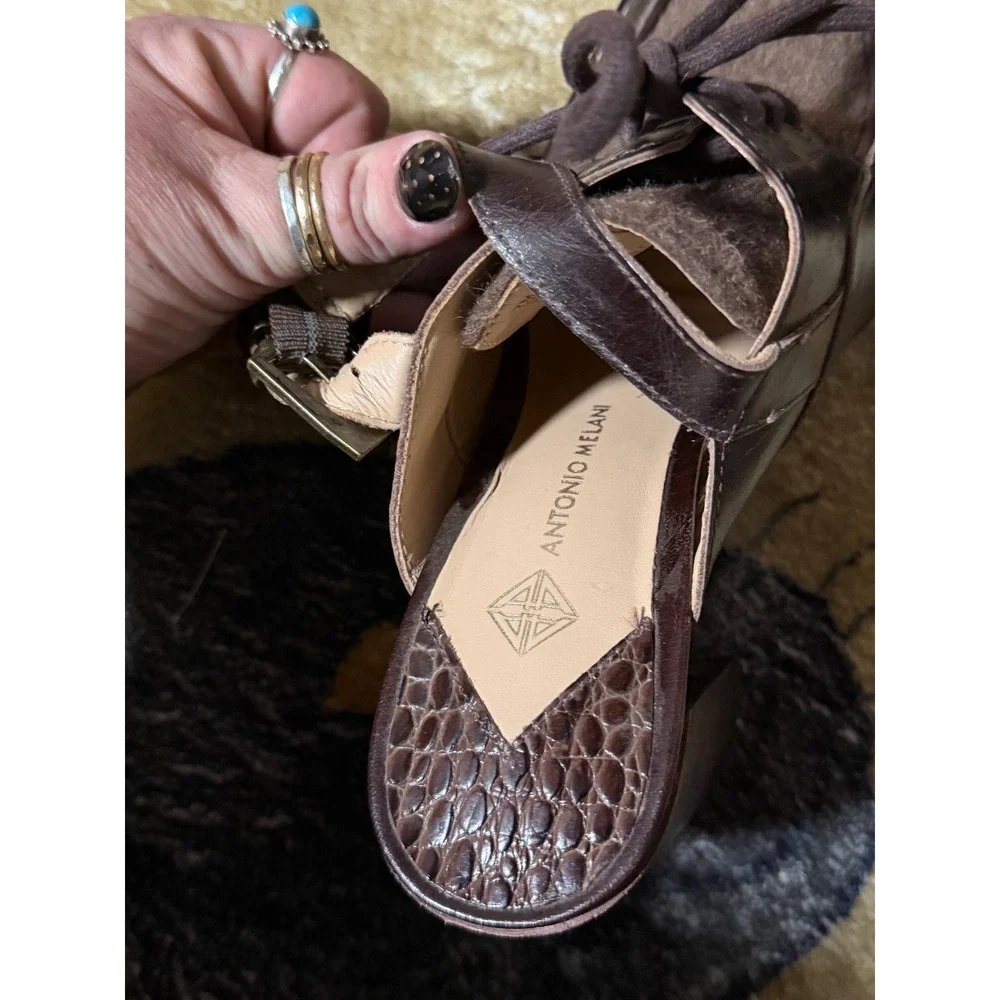 Antonio Melani Brown Leather Suede Square Toe Lace Up Block Heel Slingback - Picture 5 of 6